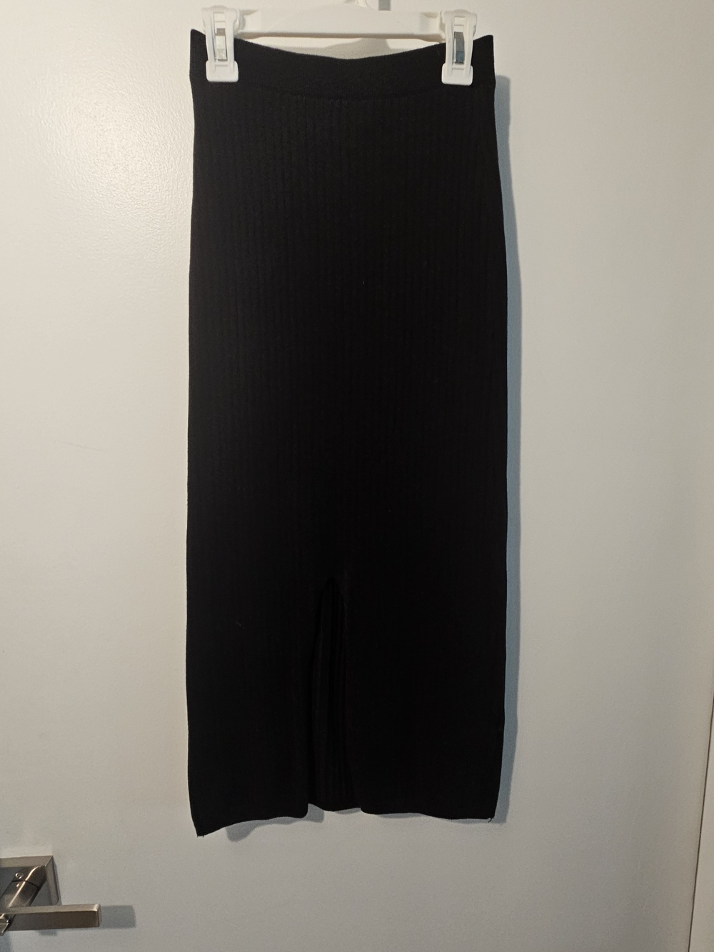 Free People Classic Black Ribbed Midi Skirt with Subtle Front Slit